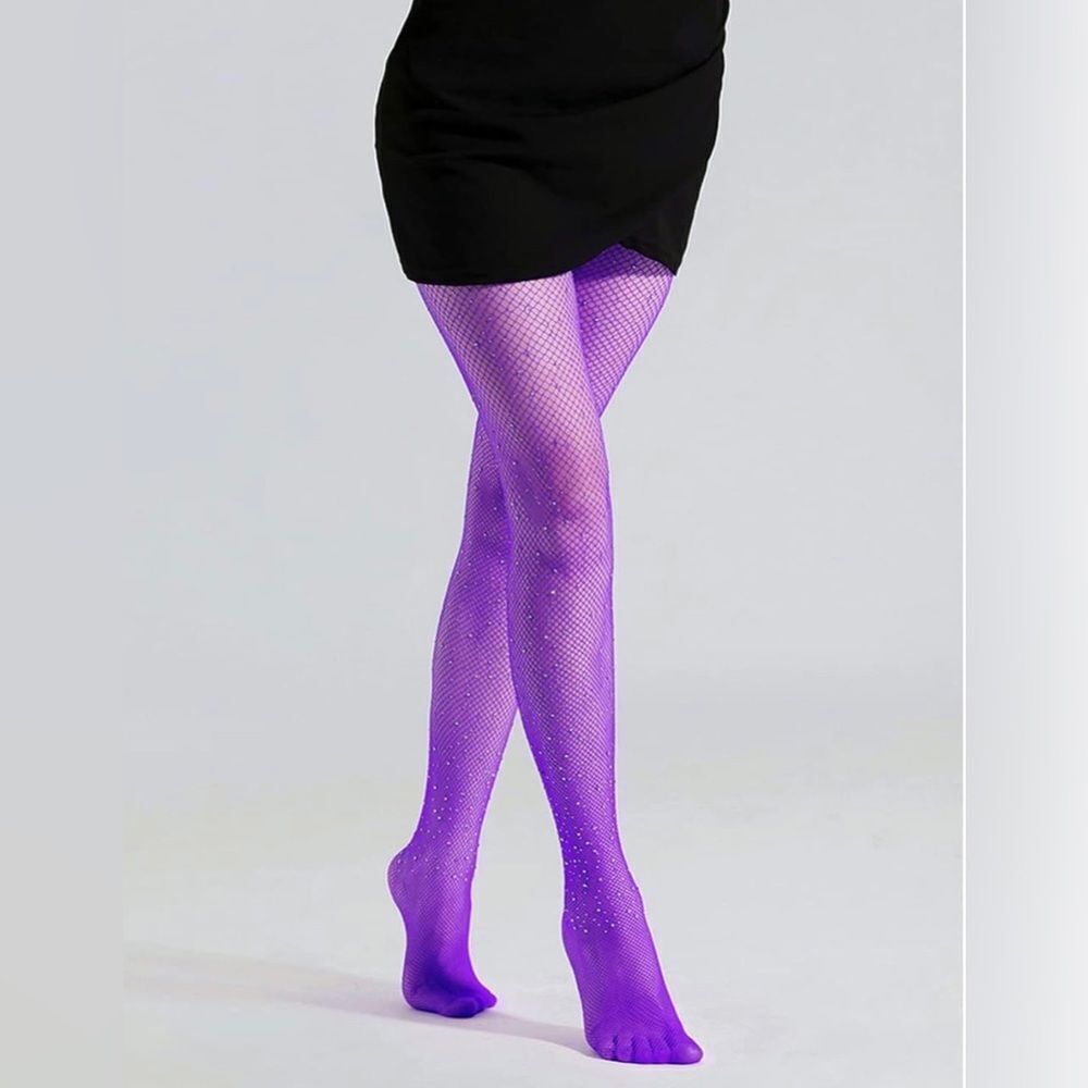 Purple rhinestones fishnet tights pantyhose stockings hosiery